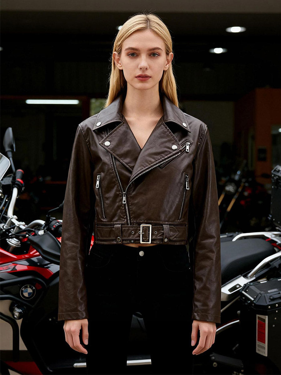 Brown Cropped Moto Leather Jacket Lapel Zip Belted Slim Biker Outerwear