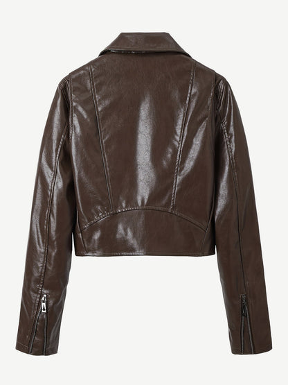 Brown Cropped Moto Leather Jacket Lapel Zip Belted Slim Biker Outerwear