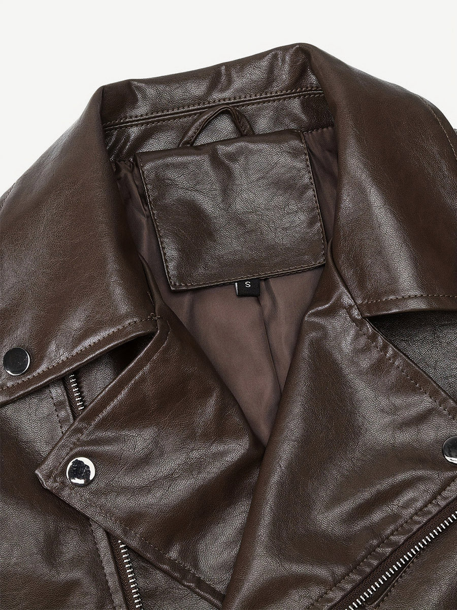 Brown Cropped Moto Leather Jacket Lapel Zip Belted Slim Biker Outerwear