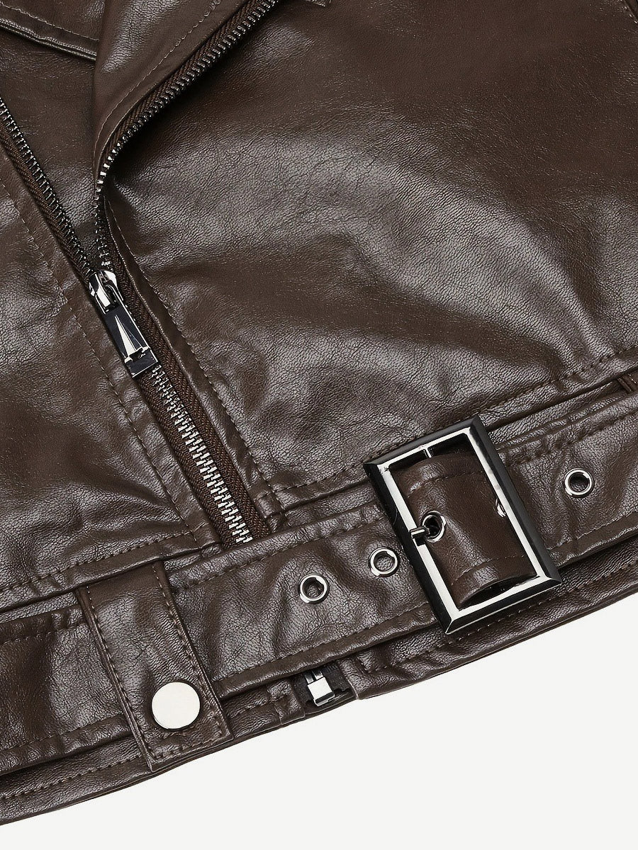 Brown Cropped Moto Leather Jacket Lapel Zip Belted Slim Biker Outerwear