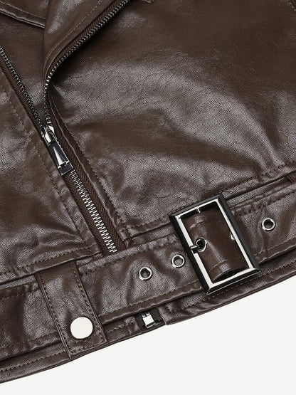 Brown Cropped Moto Leather Jacket Lapel Zip Belted Slim Biker Outerwear