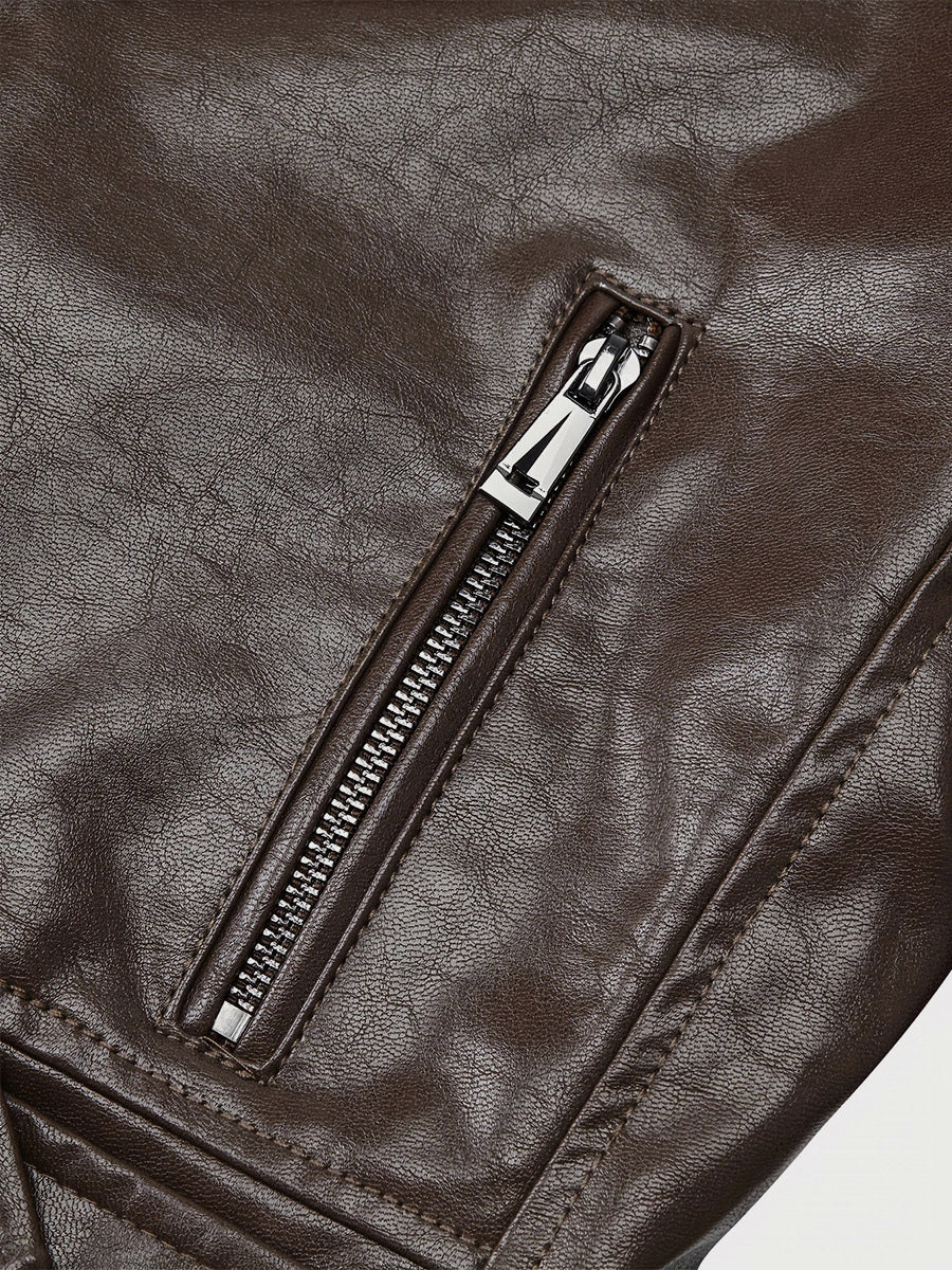 Brown Cropped Moto Leather Jacket Lapel Zip Belted Slim Biker Outerwear