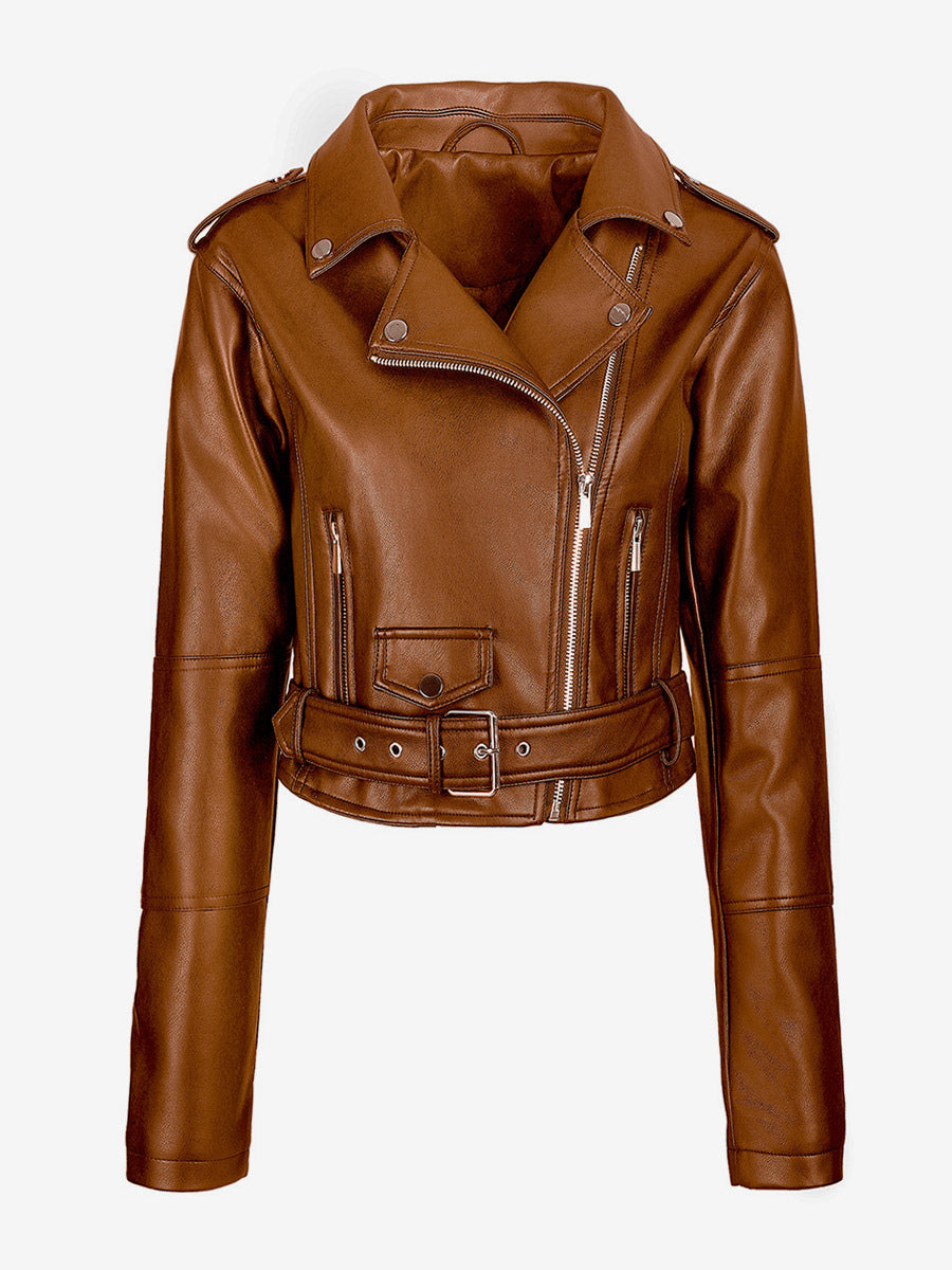 Multi Color Cropped Moto Jacket Lapel Diagonal Zip Waist Belt Faux Leather Outerwear