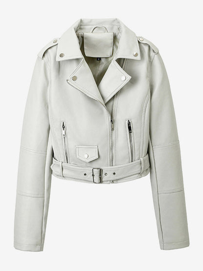 Multi Color Cropped Moto Jacket Lapel Diagonal Zip Waist Belt Faux Leather Outerwear