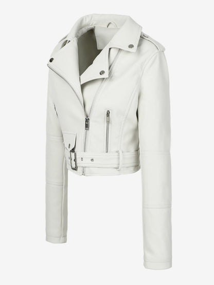 Multi Color Cropped Moto Jacket Lapel Diagonal Zip Waist Belt Faux Leather Outerwear