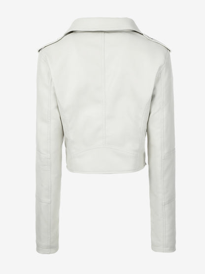 Multi Color Cropped Moto Jacket Lapel Diagonal Zip Waist Belt Faux Leather Outerwear