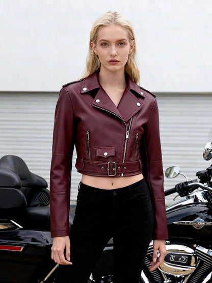 Multi Color Cropped Moto Jacket Lapel Diagonal Zip Waist Belt Faux Leather Outerwear