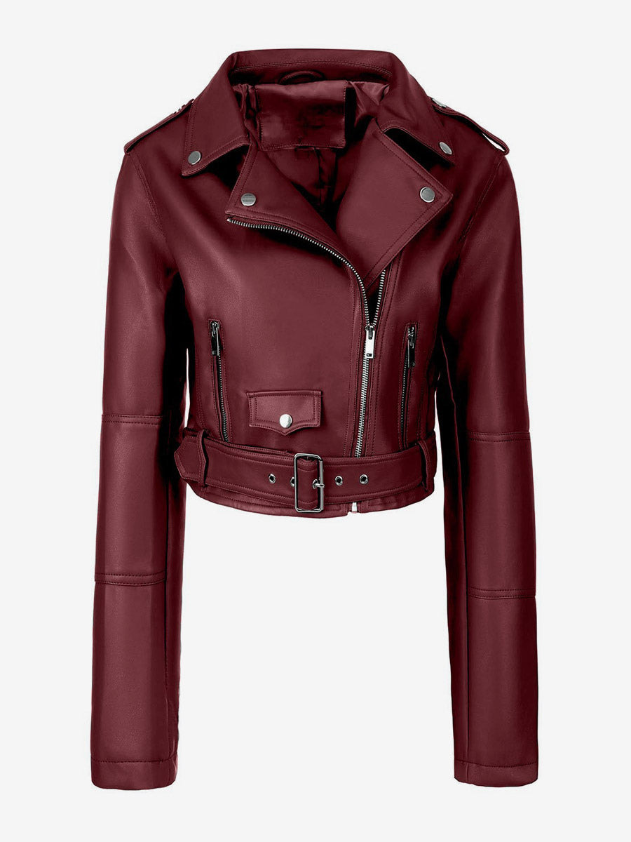 Multi Color Cropped Moto Jacket Lapel Diagonal Zip Waist Belt Faux Leather Outerwear