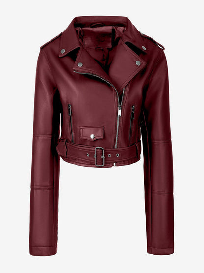 Multi Color Cropped Moto Jacket Lapel Diagonal Zip Waist Belt Faux Leather Outerwear