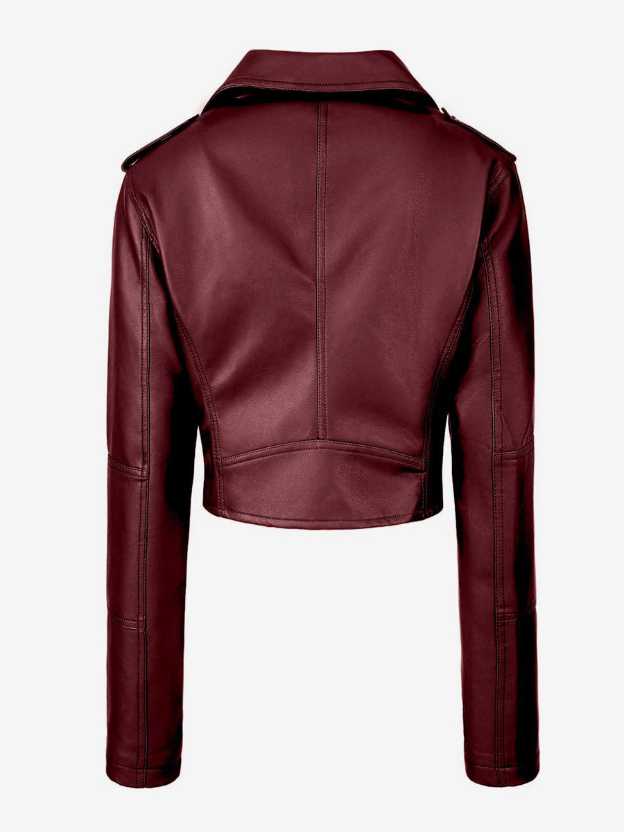 Multi Color Cropped Moto Jacket Lapel Diagonal Zip Waist Belt Faux Leather Outerwear