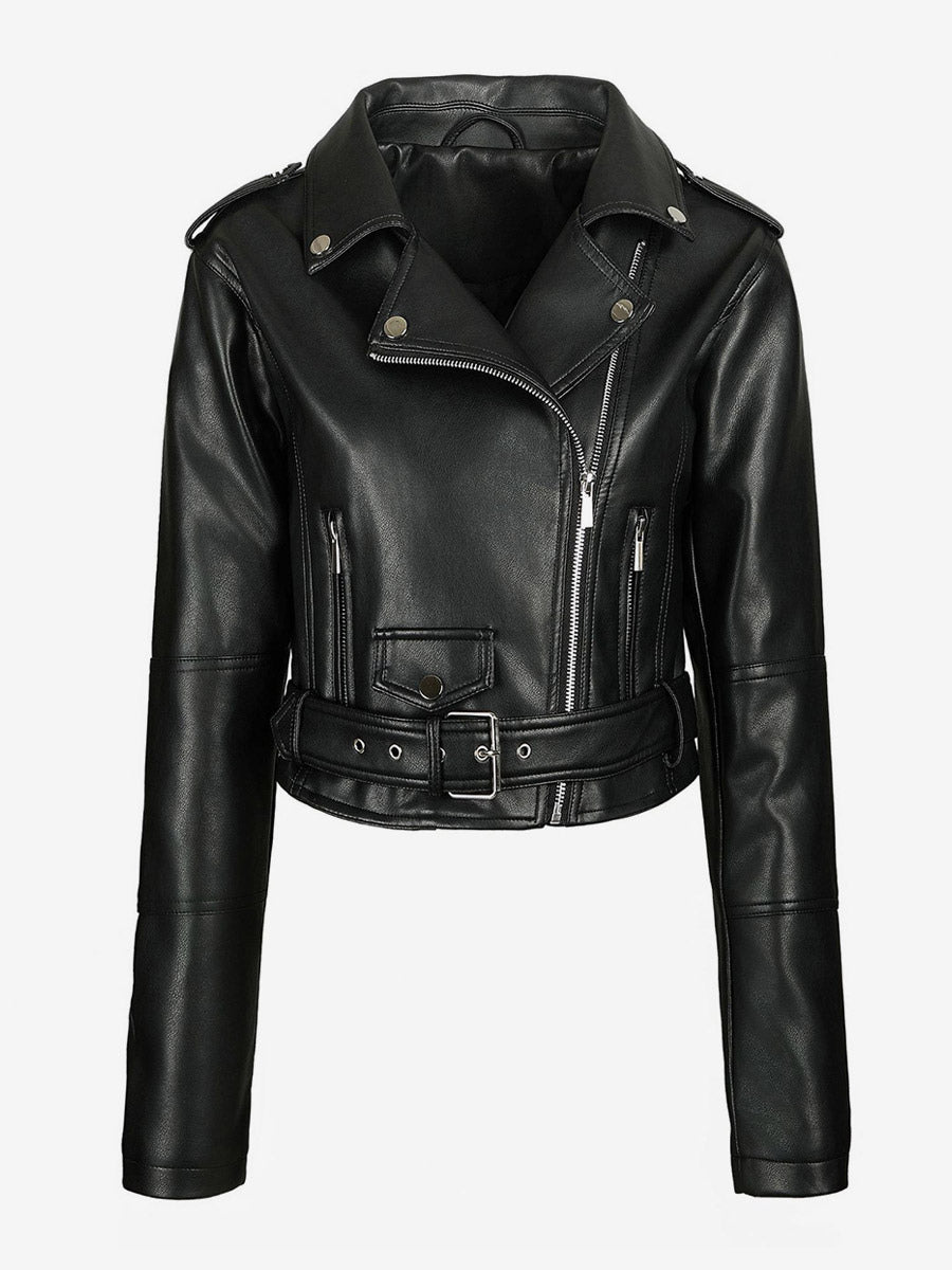 Multi Color Cropped Moto Jacket Lapel Diagonal Zip Waist Belt Faux Leather Outerwear
