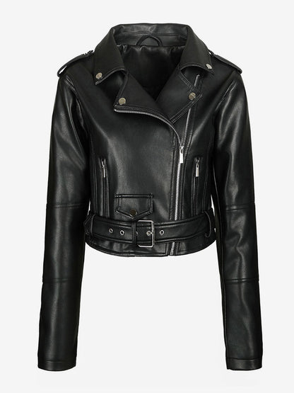 Multi Color Cropped Moto Jacket Lapel Diagonal Zip Waist Belt Faux Leather Outerwear
