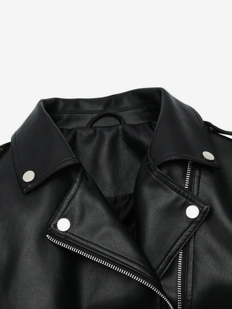 Multi Color Cropped Moto Jacket Lapel Diagonal Zip Waist Belt Faux Leather Outerwear
