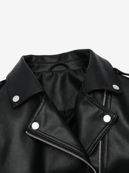 Multi Color Cropped Moto Jacket Lapel Diagonal Zip Waist Belt Faux Leather Outerwear