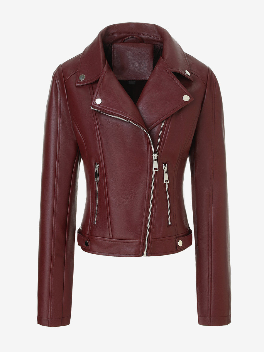 Four Color Cropped Moto Jacket Lapel Diagonal Zip Slim Fit Long Sleeve Outerwear
