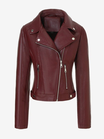 Four Color Cropped Moto Jacket Lapel Diagonal Zip Slim Fit Long Sleeve Outerwear