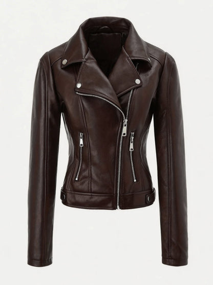 Four Color Cropped Moto Jacket Lapel Diagonal Zip Slim Fit Long Sleeve Outerwear