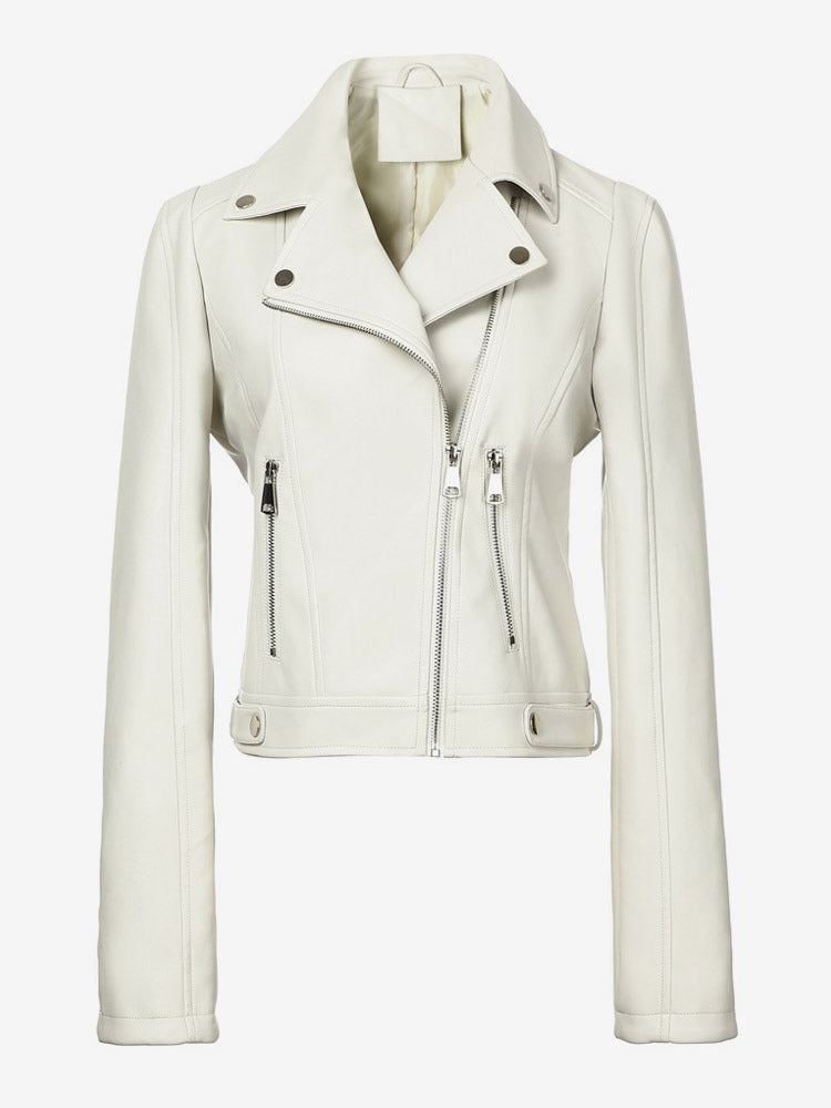 Four Color Cropped Moto Jacket Lapel Diagonal Zip Slim Fit Long Sleeve Outerwear