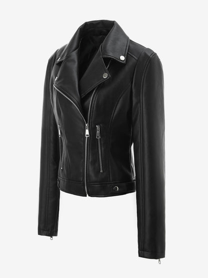Four Color Cropped Moto Jacket Lapel Diagonal Zip Slim Fit Long Sleeve Outerwear