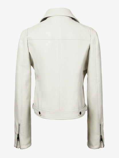 Four Color Cropped Moto Jacket Lapel Diagonal Zip Slim Fit Long Sleeve Outerwear