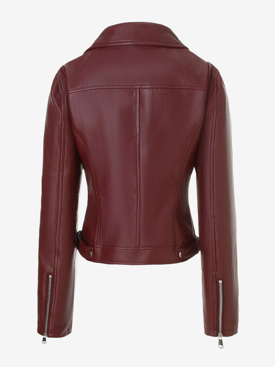 Four Color Cropped Moto Jacket Lapel Diagonal Zip Slim Fit Long Sleeve Outerwear