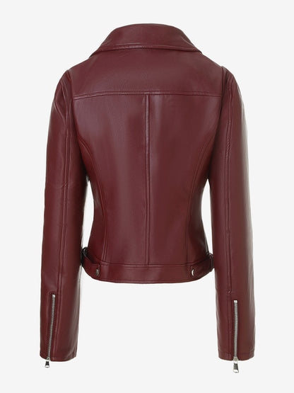 Four Color Cropped Moto Jacket Lapel Diagonal Zip Slim Fit Long Sleeve Outerwear