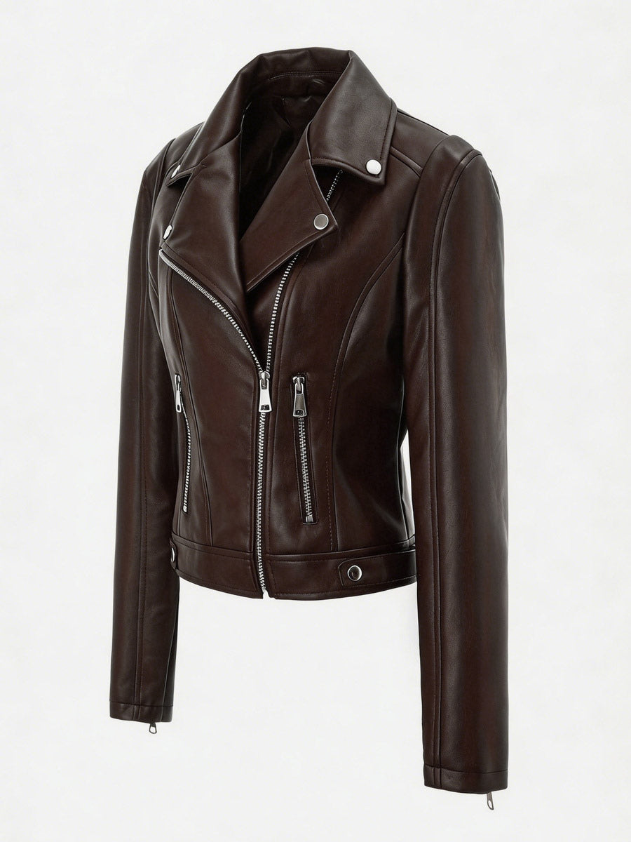 Four Color Cropped Moto Jacket Lapel Diagonal Zip Slim Fit Long Sleeve Outerwear