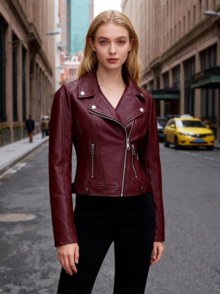 Four Color Cropped Moto Jacket Lapel Diagonal Zip Slim Fit Long Sleeve Outerwear