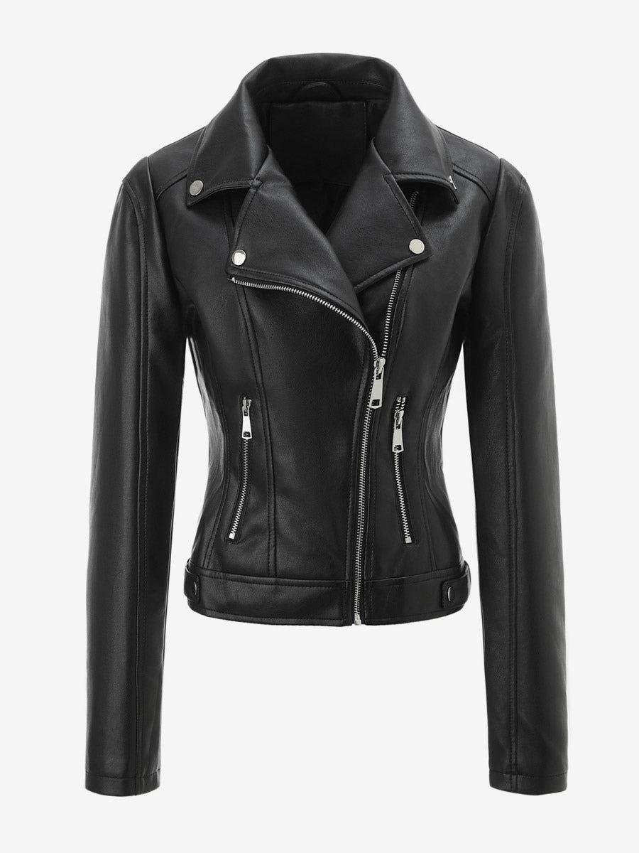 Four Color Cropped Moto Jacket Lapel Diagonal Zip Slim Fit Long Sleeve Outerwear