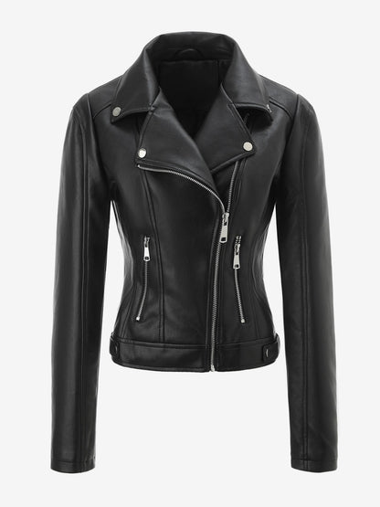 Four Color Cropped Moto Jacket Lapel Diagonal Zip Slim Fit Long Sleeve Outerwear