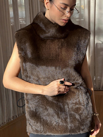 Soft Fuzzy Fur Vest Turtleneck Design Back Drawstring Slim Warm Waistcoat