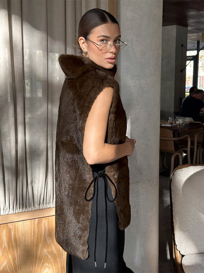 Soft Fuzzy Fur Vest Turtleneck Design Back Drawstring Slim Warm Waistcoat