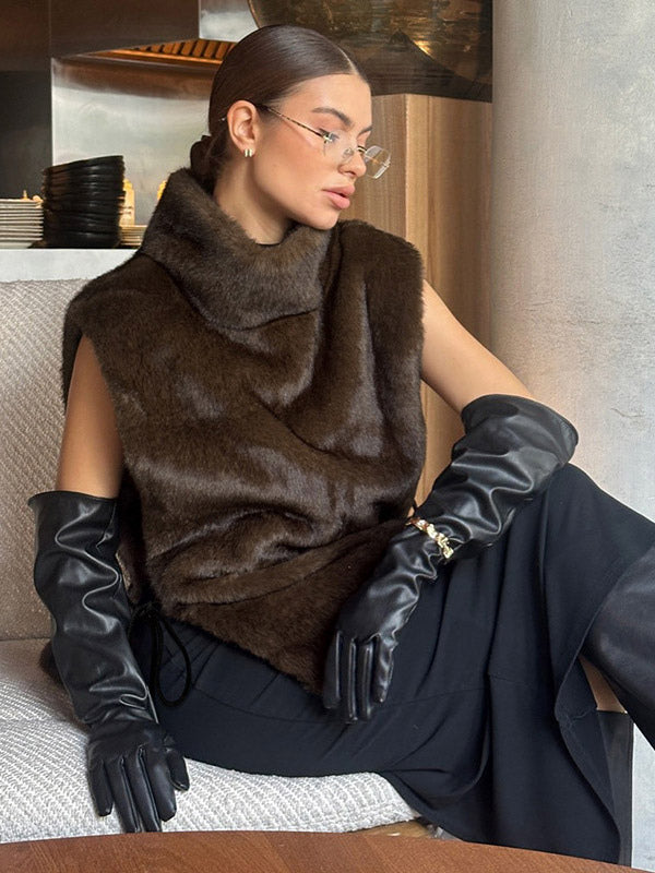 Soft Fuzzy Fur Vest Turtleneck Design Back Drawstring Slim Warm Waistcoat