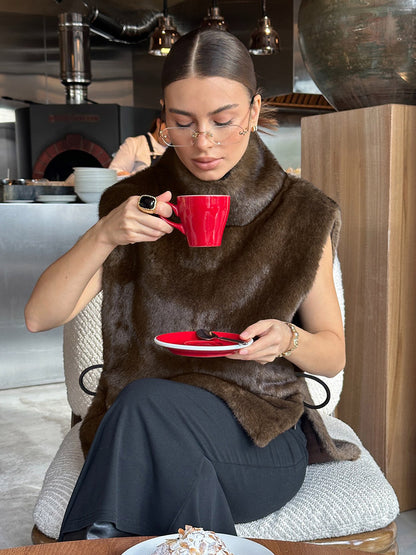 Soft Fuzzy Fur Vest Turtleneck Design Back Drawstring Slim Warm Waistcoat