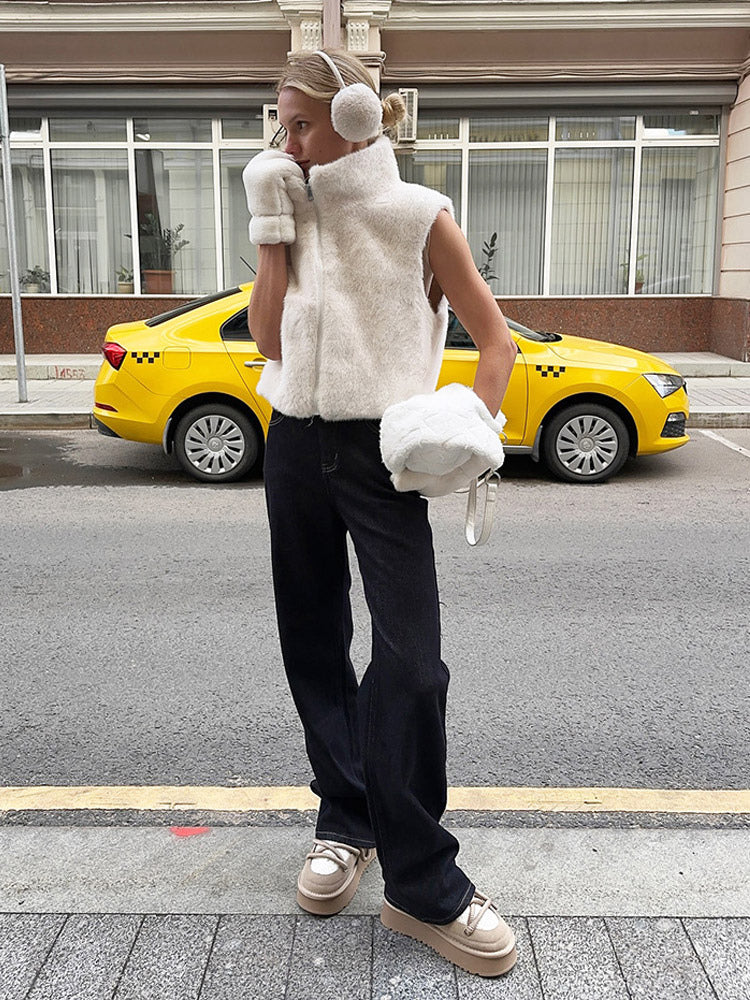 Cream White Two Tone Faux Fur Sleeveless Coat Full Zip High Neck Warm Vest