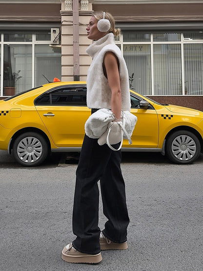 Cream White Two Tone Faux Fur Sleeveless Coat Full Zip High Neck Warm Vest
