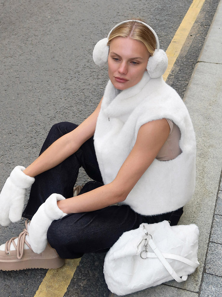 Cream White Two Tone Faux Fur Sleeveless Coat Full Zip High Neck Warm Vest