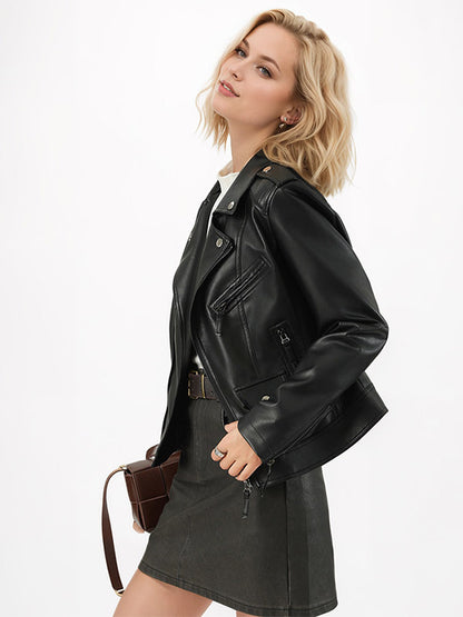 Retro Rivet Shoulder Leather Biker Coat Asymmetrical Zip Slim Long Sleeve Jacket