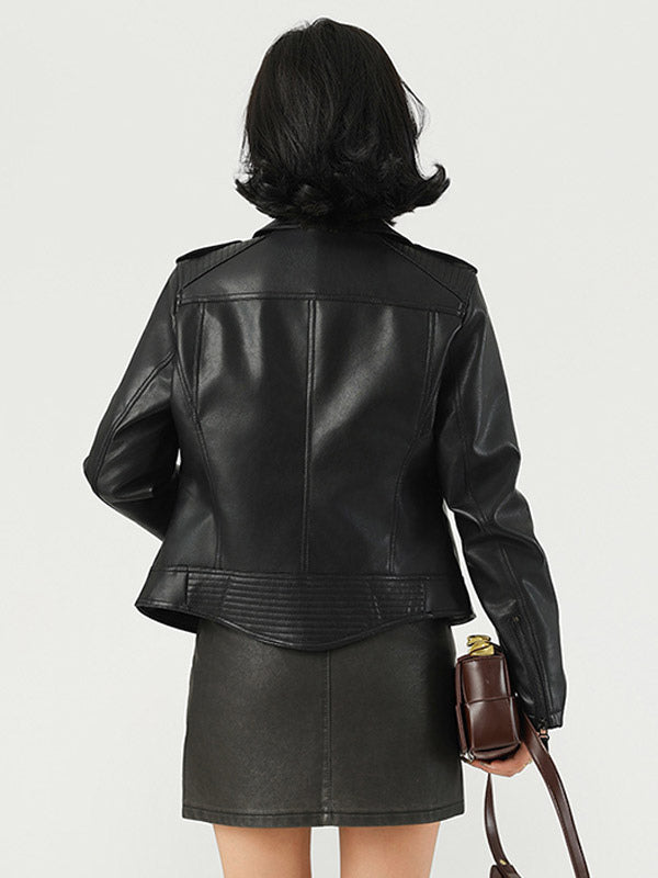 Retro Rivet Shoulder Leather Biker Coat Asymmetrical Zip Slim Long Sleeve Jacket