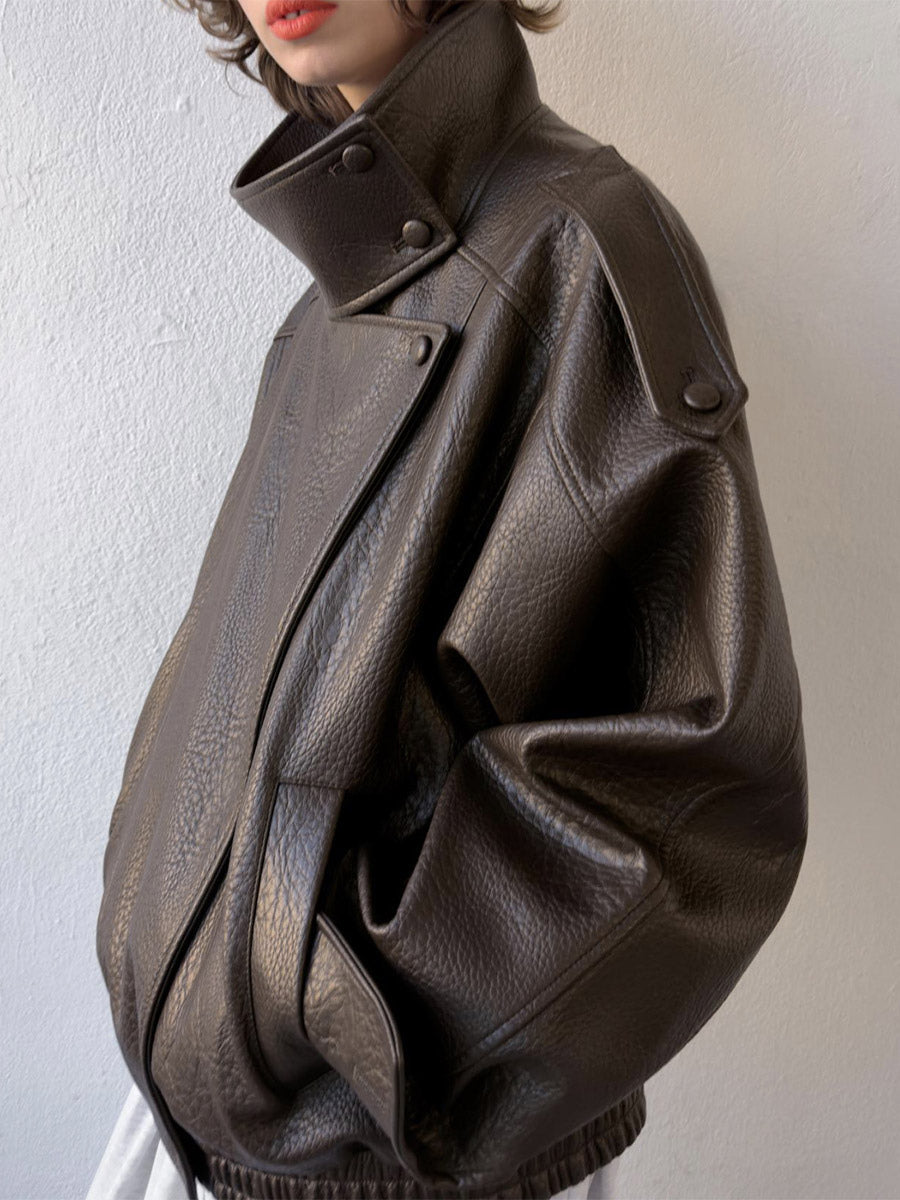 Vintage Solid Black Brown Faux Leather Bomber Relaxed Elastic Waist Hem Jacket