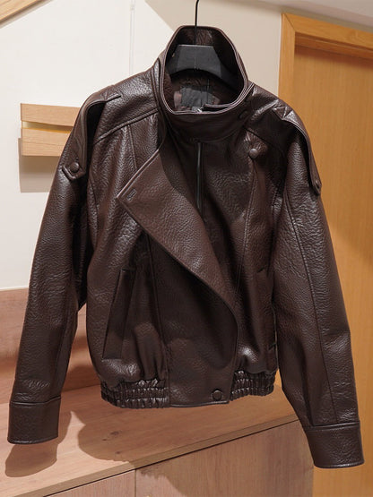 Vintage Solid Black Brown Faux Leather Bomber Relaxed Elastic Waist Hem Jacket