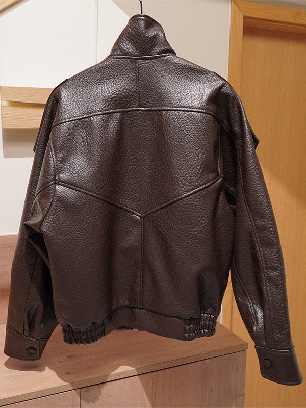 Vintage Solid Black Brown Faux Leather Bomber Relaxed Elastic Waist Hem Jacket