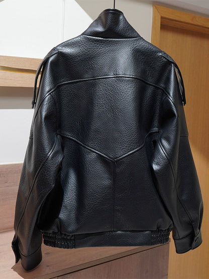 Vintage Solid Black Brown Faux Leather Bomber Relaxed Elastic Waist Hem Jacket