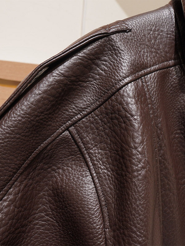 Vintage Solid Black Brown Faux Leather Bomber Relaxed Elastic Waist Hem Jacket