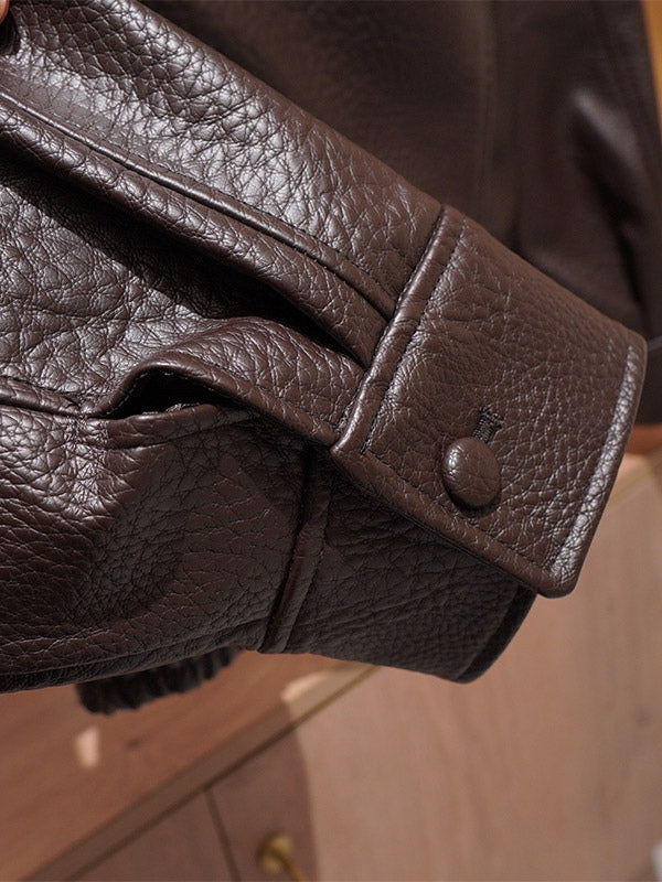 Vintage Solid Black Brown Faux Leather Bomber Relaxed Elastic Waist Hem Jacket