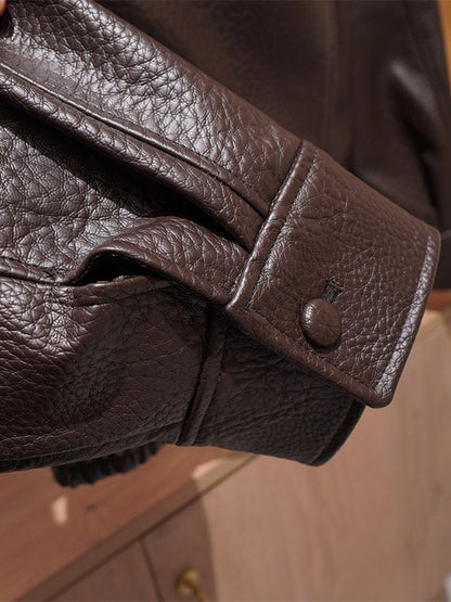 Vintage Solid Black Brown Faux Leather Bomber Relaxed Elastic Waist Hem Jacket