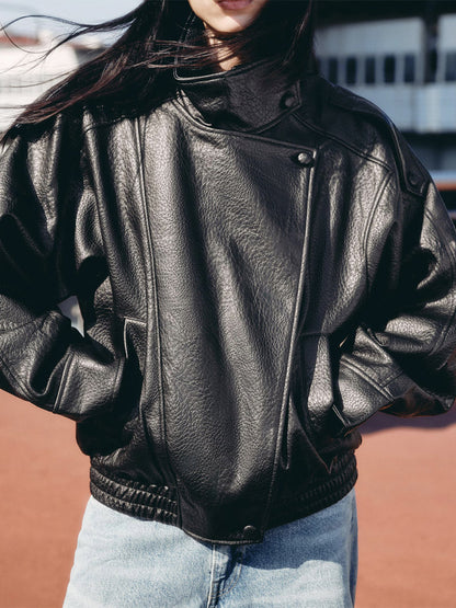 Vintage Solid Black Brown Faux Leather Bomber Relaxed Elastic Waist Hem Jacket