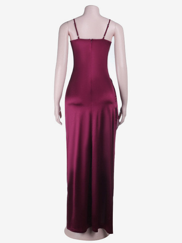 Party Dress Maxi Burgundy Straps Neck Lace Spaghetti Strap High Slit Sexy Semi Formal Dress