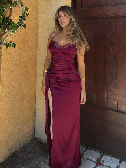 Party Dress Maxi Burgundy Straps Neck Lace Spaghetti Strap High Slit Sexy Semi Formal Dress