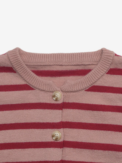 Women Pullover Sweater Red Buttons Stripes Jewel Neck Long Sleeves Sweaters